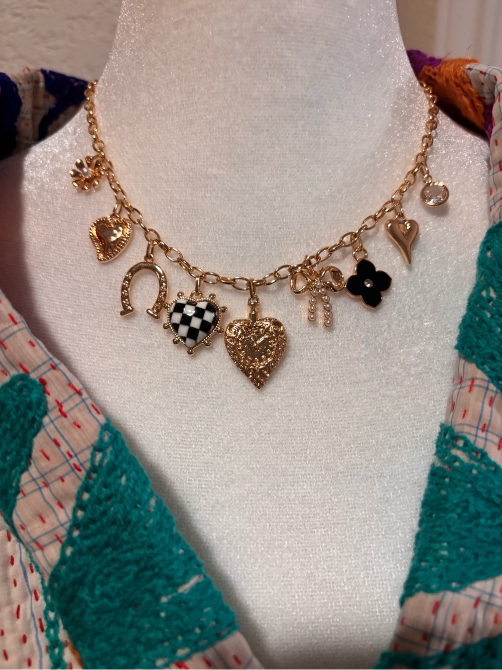 Gold Charm Necklace with Black Enamel Accents